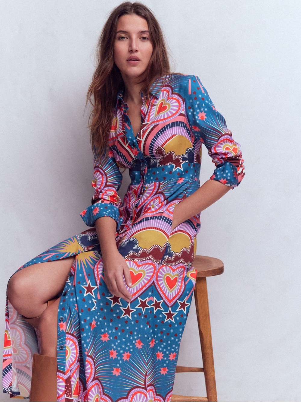 Boden Empire Hotched Shirt Dress Starburst Heart Print Midi US 4P Button Front - Picture 1 of 10